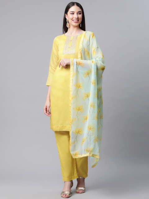 

Readiprint Fashions Yellow & Green Raw Silk Semi-Stitched Dress Material