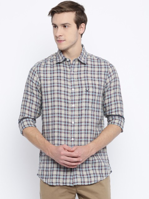 

Allen Solly Men Beige & Navy Linen Slim Fit Checked Casual Shirt
