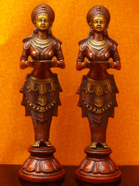 

StatueStudio Set Of 2 Copper-Toned Textured Brass Standing Deep Lady Deeplakshmi Idol Pair Showpiece