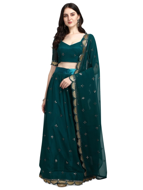 

Pratham Blue Green & Gold-Toned Semi-Stitched Lehenga & Unstitched Blouse & Dupatta