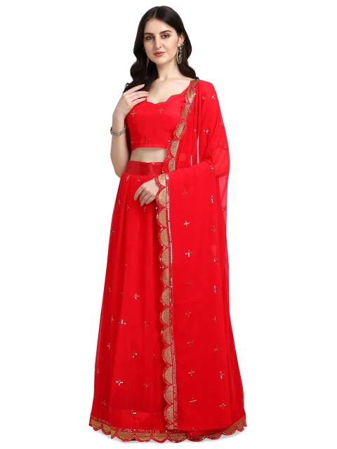 

Pratham Blue Red & Gold-Toned Embroidered Sequinned Semi-Stitched Lehenga & Unstitched Blouse With Dupatta