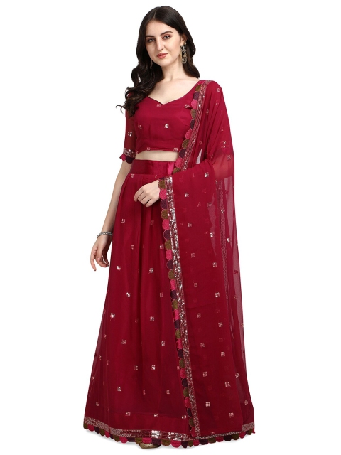 

Pratham Blue Woman Maroon Embroidered Sequinned Semi-Stitched Lehenga & Unstitched Blouse