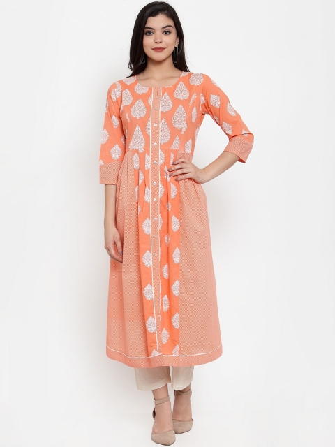 

Aujjessa Women Peach-Coloured & White Ethnic Motifs Printed A-Line Kurta