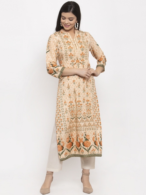 

Aujjessa Women Peach-Coloured & Orange Floral Printed Kurta