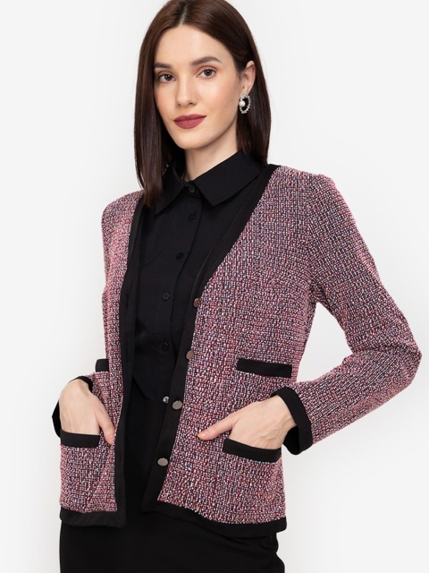 

ZALORA WORK Women Maroon & Black Ribbed Polyester Regular Cardigan