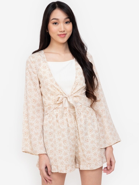 

ZALORA BASICS Woman Cream-Coloured Floral V-Neck Full Sleeves Tie Front A-Line Mini Dress