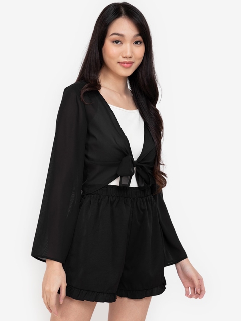 

ZALORA BASICS Woman Black V-Neck Full Sleeves Tie Front A-Line Mini Dress