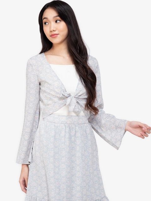 

ZALORA BASICS Grey V-Neck Full Sleeves Tie Front A-Line Midi Dress