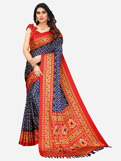

SIRIL Navy Blue & Red Bandhani Saree