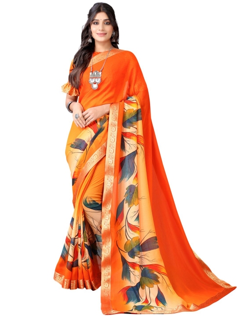 

SIRIL Orange & Grey Floral Saree