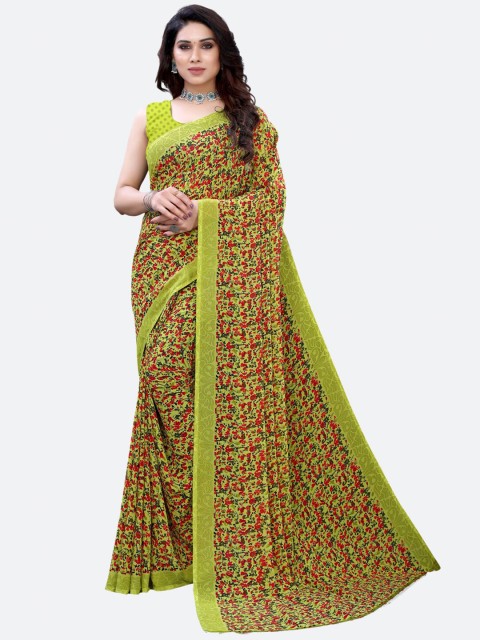 

SIRIL Olive Green & Red Floral Saree