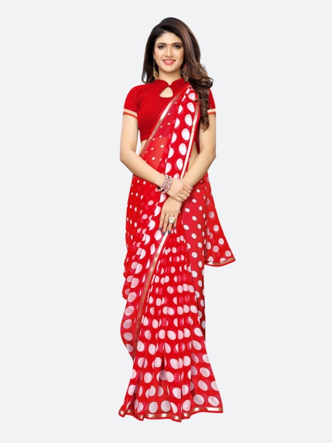 

SIRIL Red & White Polka Dots Chiffon Saree