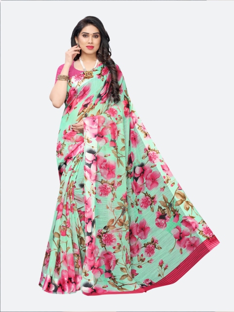 

SIRIL Green & Pink Floral Saree