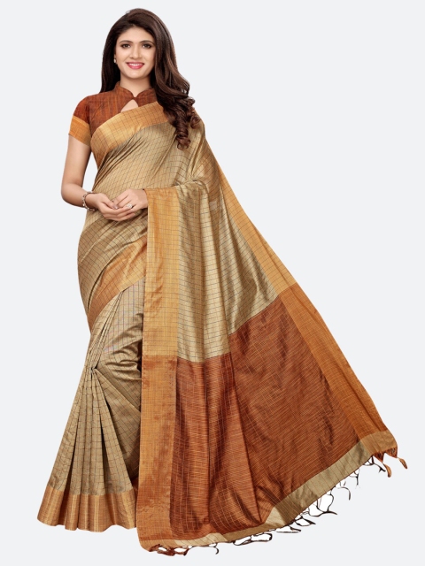 

SIRIL Beige & Brown Checked Chanderi Saree