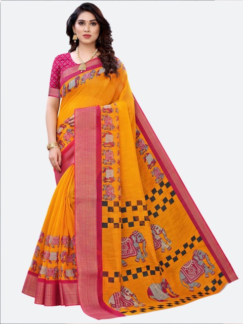 

SIRIL Yellow & Pink Ethnic Motifs Zari Mangalagiri Saree