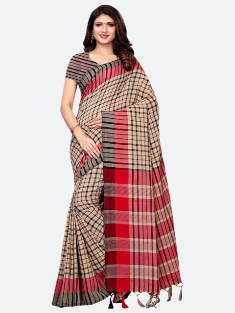 

SIRIL Cream-Coloured & Maroon Checked Silk Cotton Baluchari Saree