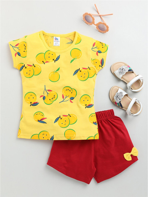 

Dear to Dad Girls Yellow & Red Printed Pure Cotton T-shirt with Shorts