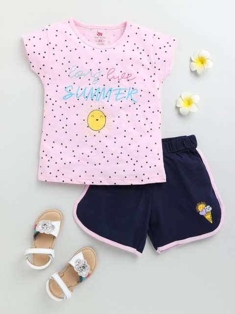 

Dear to Dad Girls Pink & Navy Blue Printed Pure Cotton T-shirt with Shorts