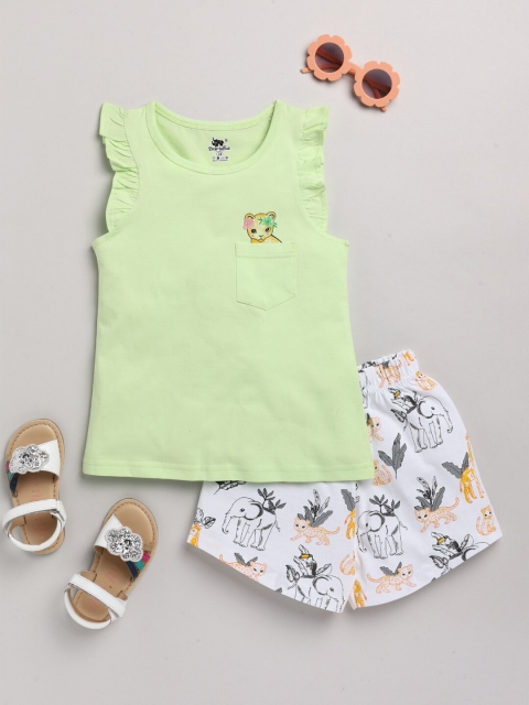 

Dear to Dad Girls Green & White Printed Pure Cotton T-shirt with Shorts