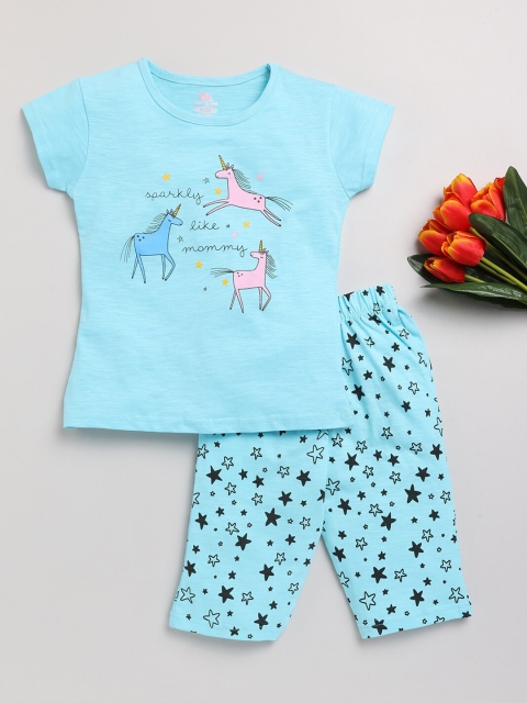 

Dear to Dad Girls Blue Printed Cotton T-shirt with Capris
