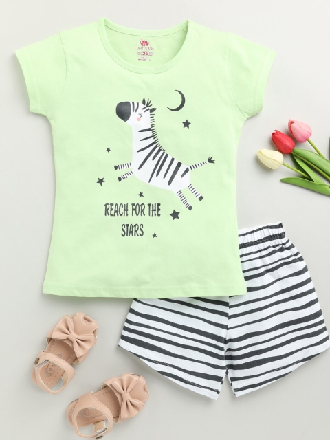 

Dear to Dad Girls Green & White Printed Pure Cotton T-shirt with Shorts