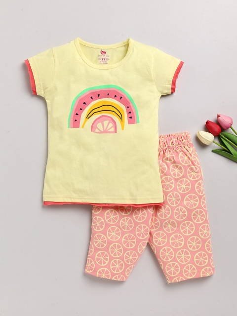 

Dear to Dad Girls Yellow & Pink Printed Pure Cotton T-shirt with Capris