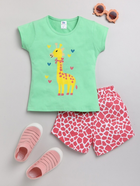 

Dear to Dad Girls Green & Red Printed Cotton T-shirt with Shorts