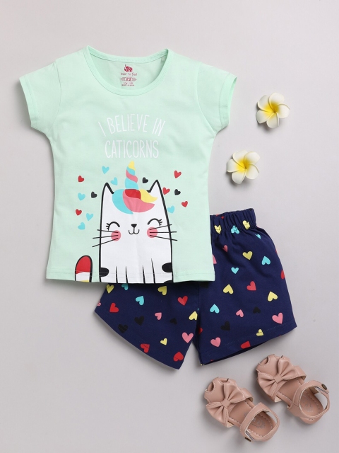 

Dear to Dad Girls Green & Navy Blue Printed T-shirt with Shorts