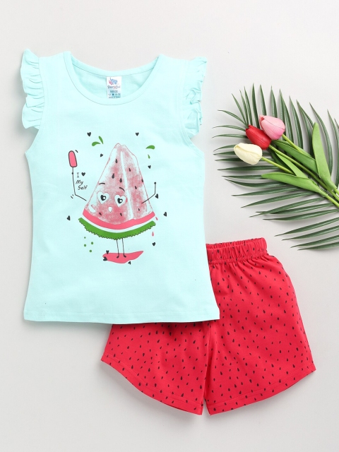 

Dear to Dad Girls Blue & Red Printed Pure Cotton T-shirt with Shorts