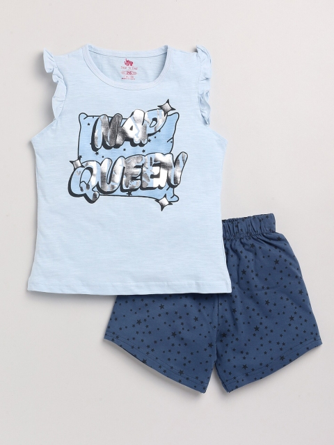 

Dear to Dad Girls Blue Printed Pure Cotton T-shirt with Shorts