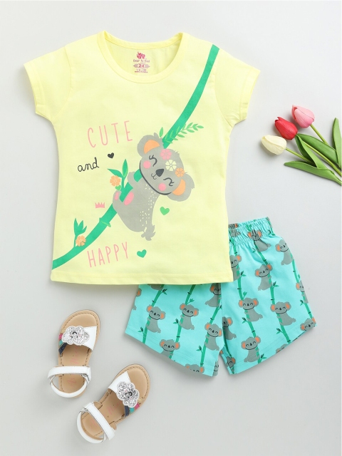 

Dear to Dad Girls Yellow & Turquoise Blue Printed Pure Cotton T-shirt with Shorts