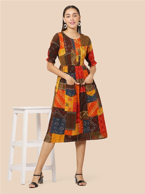 

J Turritopsis Women Multicoloured Ethnic Motifs Midi Dress, Multi