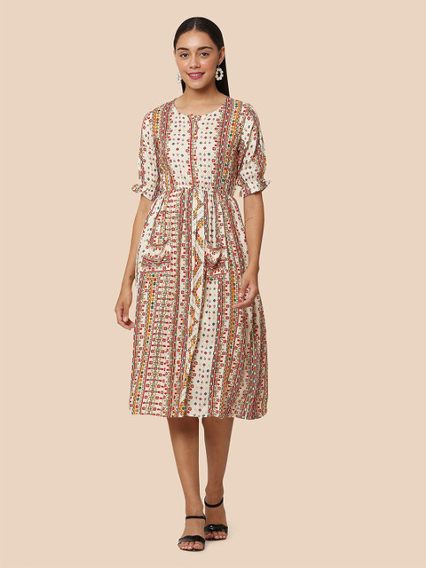 

J Turritopsis Women Off White Ethnic Motifs A-Line Dress
