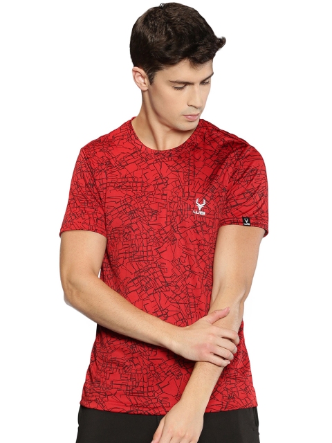 

Wildbrocket Men Red Printed Henley Neck Slim Fit Training or Gym T-shirt