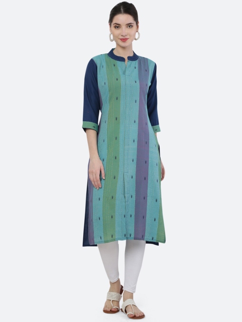

KETAKI FASHION Women Green Striped Thread Work Jacquard Kurta