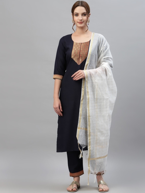 

ALC Creations Women Navy Blue & Grey Pure Cotton Kurta with Trousers & With Dupatta