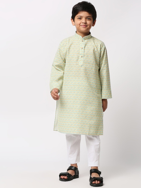 

MEWAR Boys Green & White Printed Kurta with Pyjamas