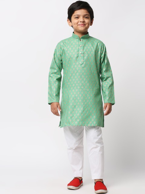 

MEWAR Boys Green Ethnic Motifs Printed Cotton Blend Kurta Set
