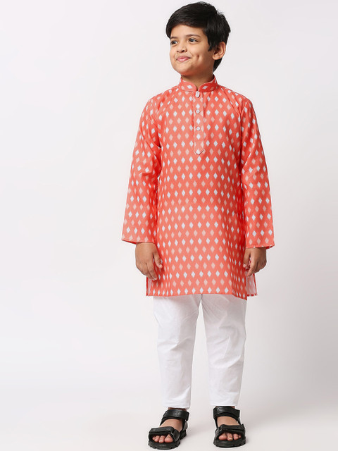 

MEWAR Boys Peach-Coloured Ethnic Motifs Printed Kurta With Pyjamas