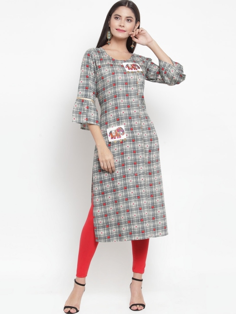 

Aujjessa Women Black Checked Flared Sleeves Kurta