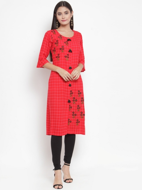 

Aujjessa Women Red Checked Flared Sleeves Thread Work Kurta