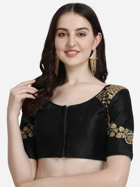 

Mesmore Women Black & Golden Embroidered Silk Saree Blouse