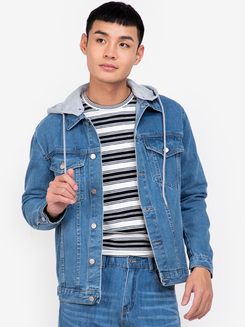 

ZALORA BASICS Men Blue Denim Hooded Denim Trucker Jacket