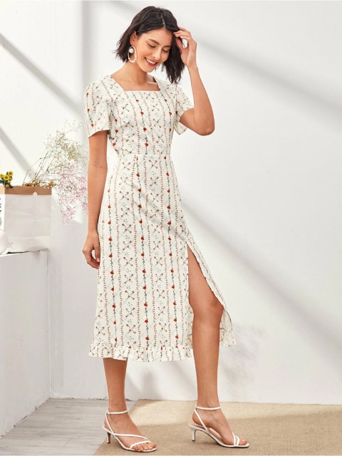 

VILAM White Floral A-Line Midi Dress