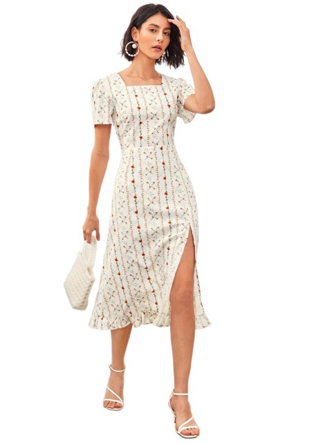 

VILAM White Floral A-Line Midi Dress