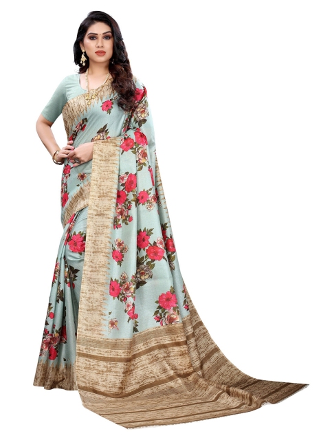 

Yashika Blue & Pink Floral Art Silk Khadi Saree