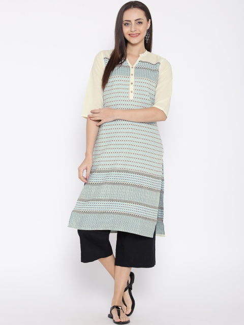 

AURELIA Women Cream-Coloured & Blue Woven Design Straight Kurta