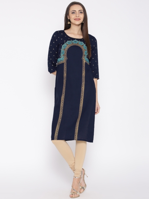 

AURELIA Women Navy Printed Straight Kurta, Navy blue