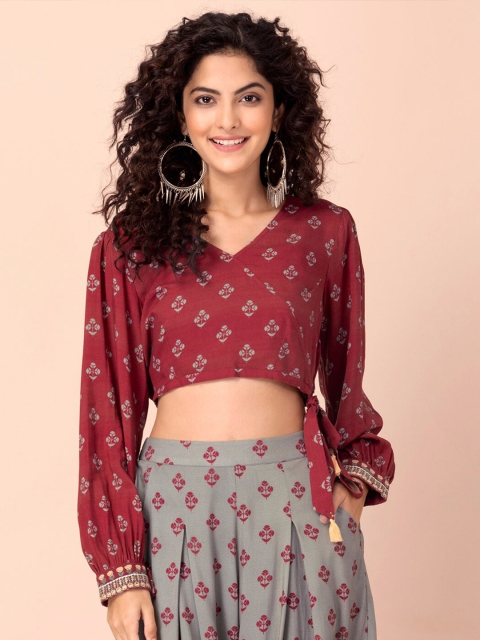 

INDYA Women Maroon Print Crop Top