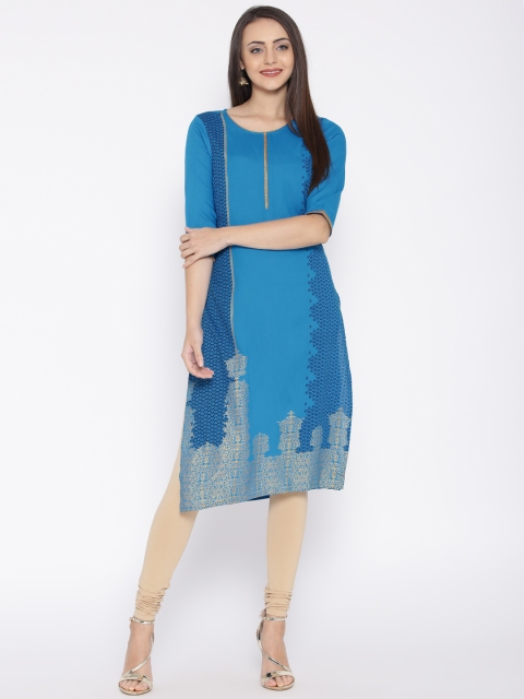 

AURELIA Women Blue Printed Straight Kurta